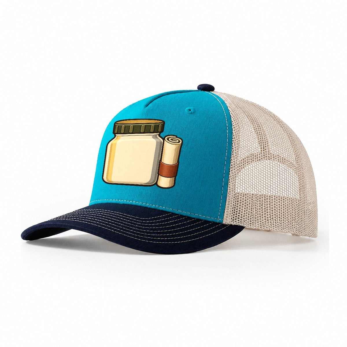 Jar Cache And Log Roll Geocaching Trucker Hat – Teal Navy