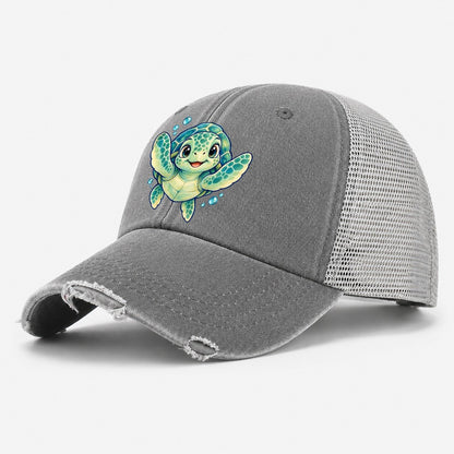 Sea Turtle Front Paddle Sea Sprite Washed Trucker Hat – Grey