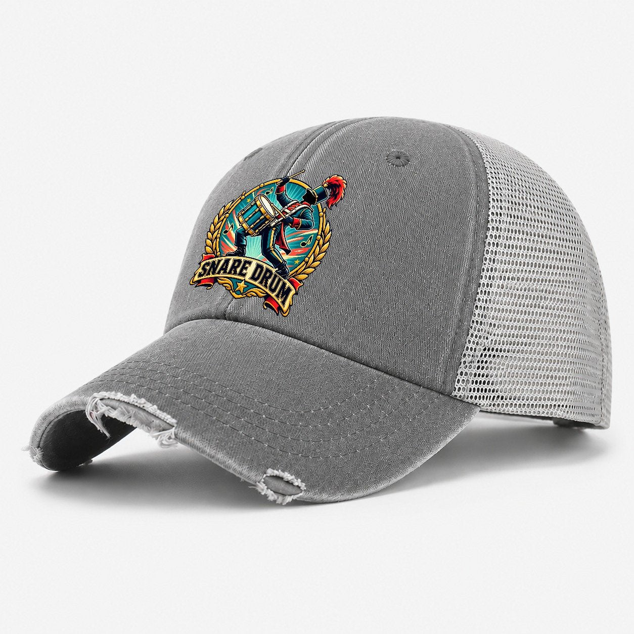 Snare Drum Crest Music Instruments Washed Trucker Hat – Grey