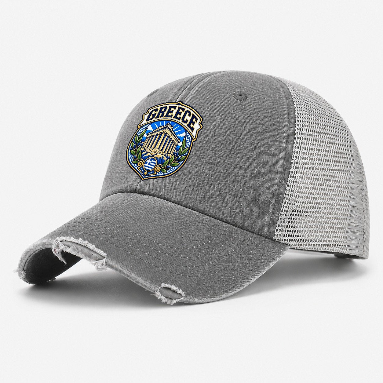 Greece Retro Badge Country Logos Washed Trucker Hat – Grey
