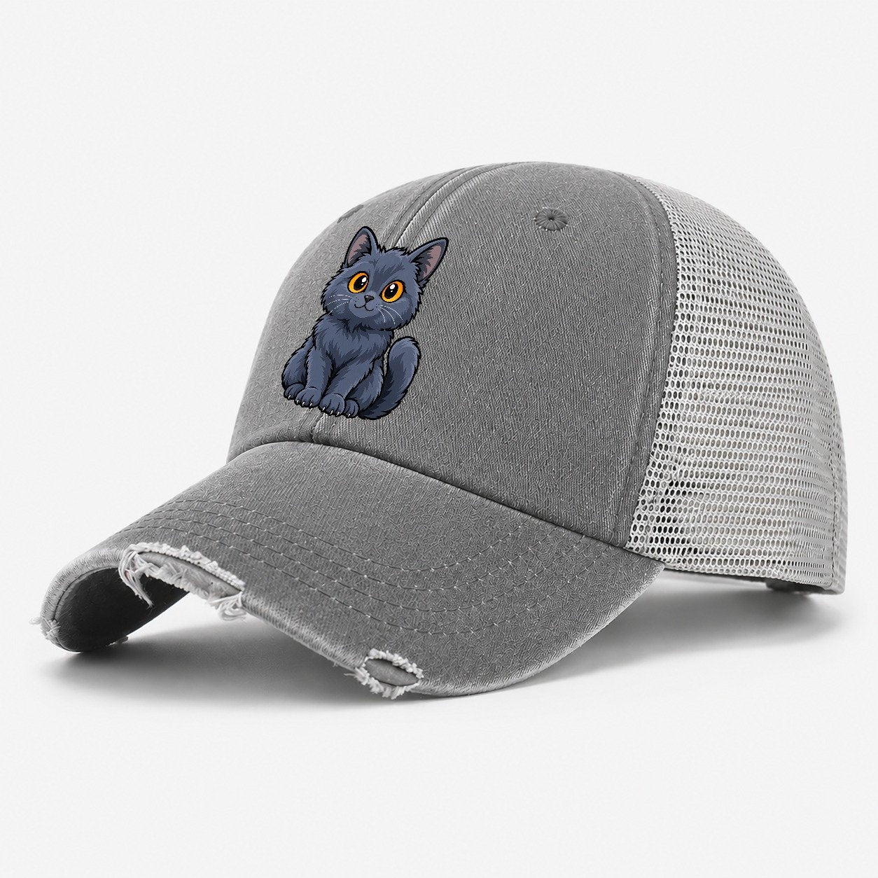 Chartreux Smiling Sit Peeking Cats Washed Trucker Hat – Grey