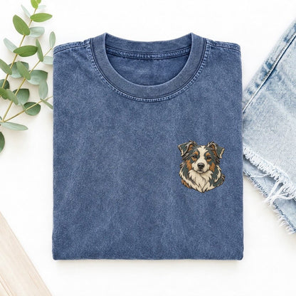 Aussie Collar Curve Keepsake Emblem Left Chest Vintage T-shirt – Washed Blue