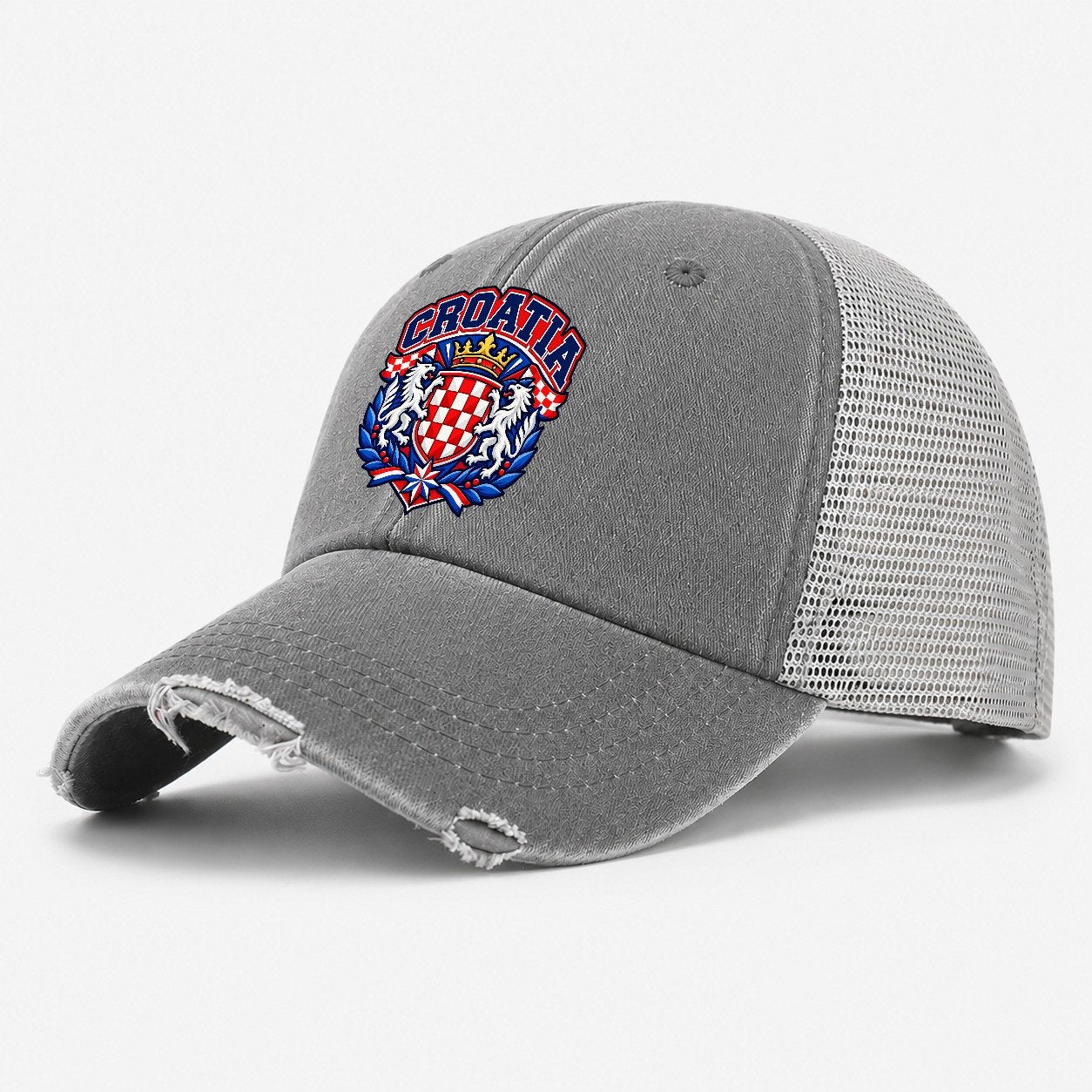 Croatia Retro Badge Country Logos Washed Trucker Hat – Grey