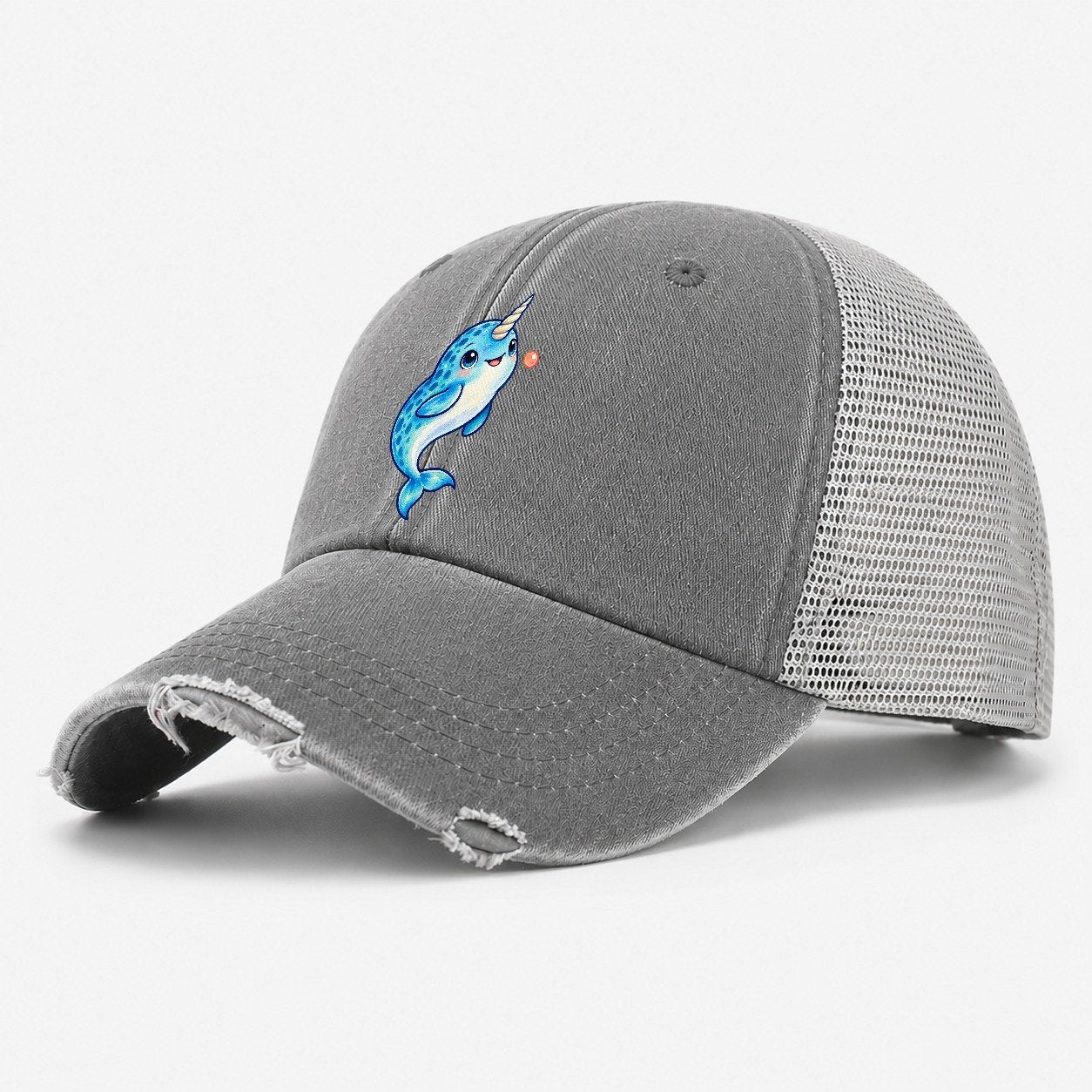 Narwhal Upward Swim Sea Sprite Washed Trucker Hat – Grey