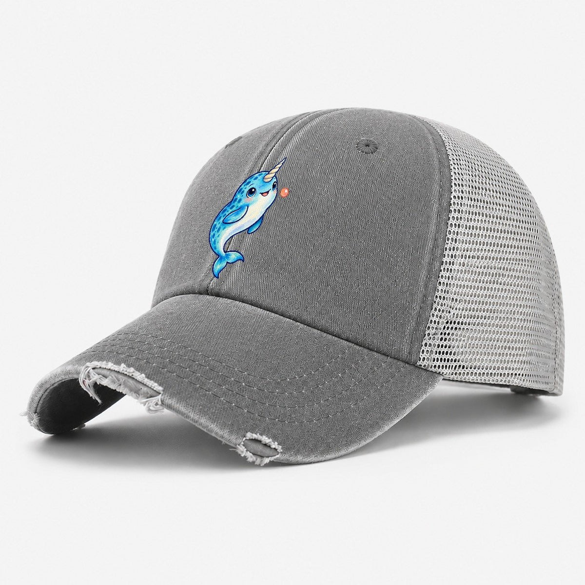 Narwhal Upward Swim Sea Sprite Washed Trucker Hat – Grey