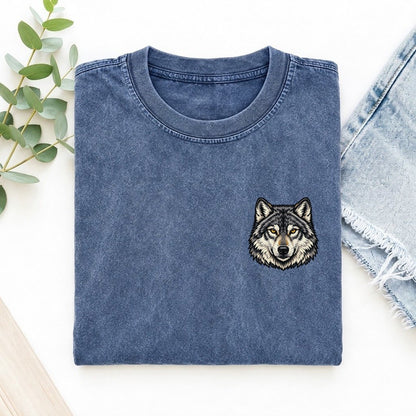 Golden Eyed Wolf Left Chest Vintage T-shirt – Washed Blue