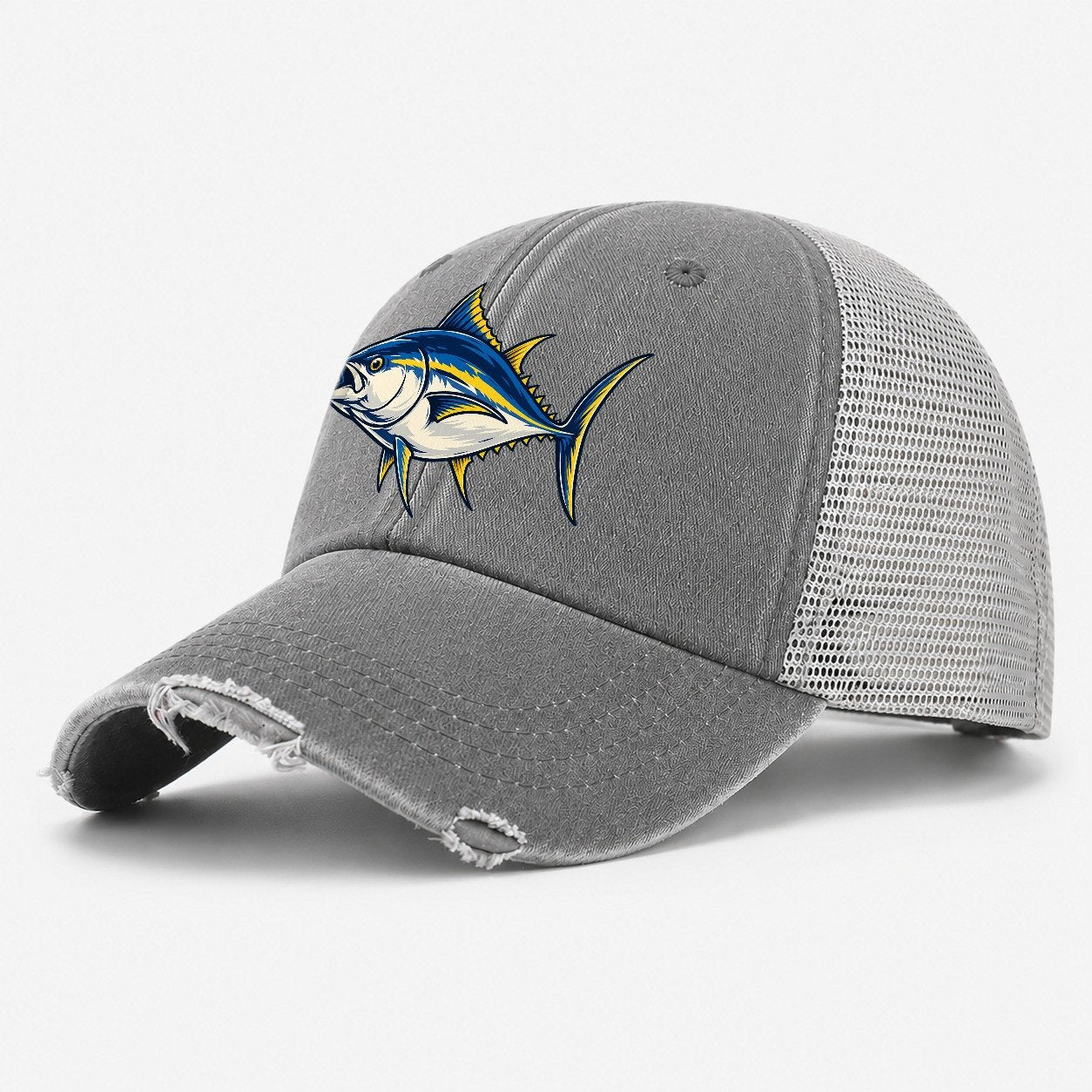 Tuna Silhouette Fishing Elegant Washed Trucker Hat – Grey