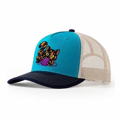 Tortoiseshell Playing Yarn Peeking Cats Trucker Hat – Teal Navy