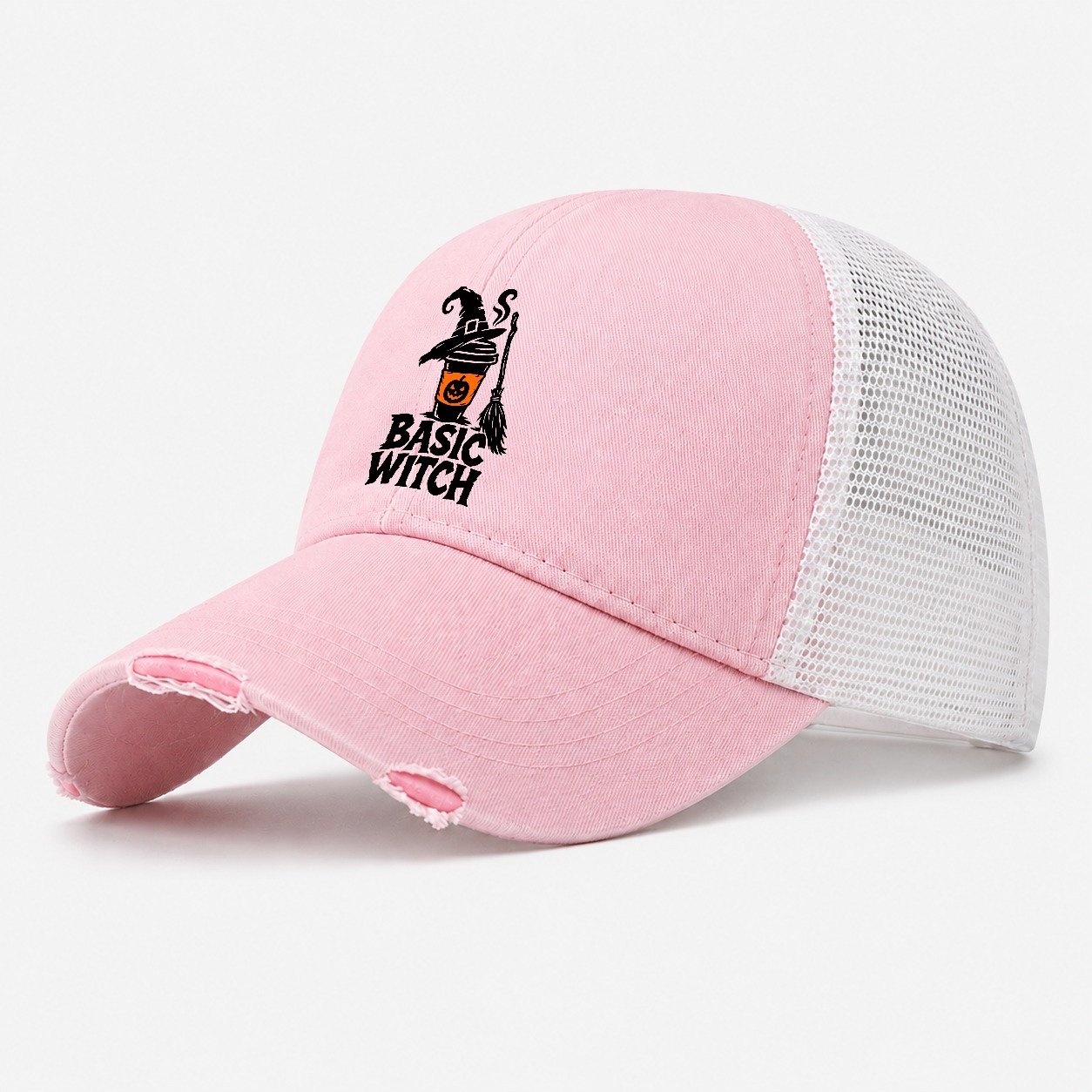 Basic Witch Slogan Witch Magic Washed Trucker Hat – Light Pink