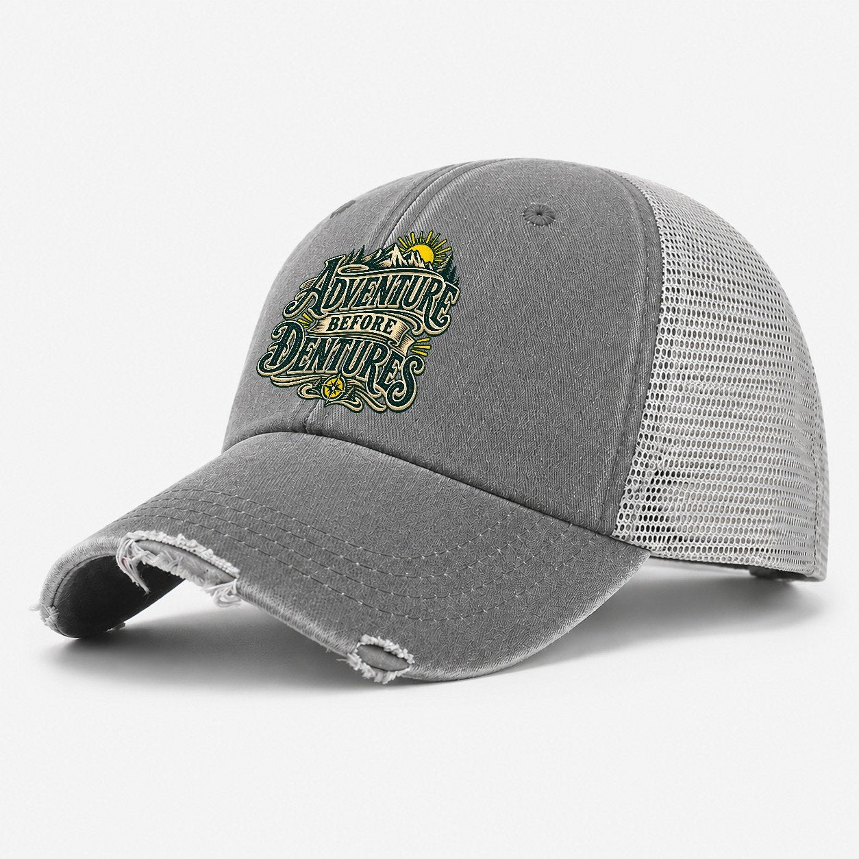 Adventure Before Dentures Retired Living Washed Trucker Hat – Grey