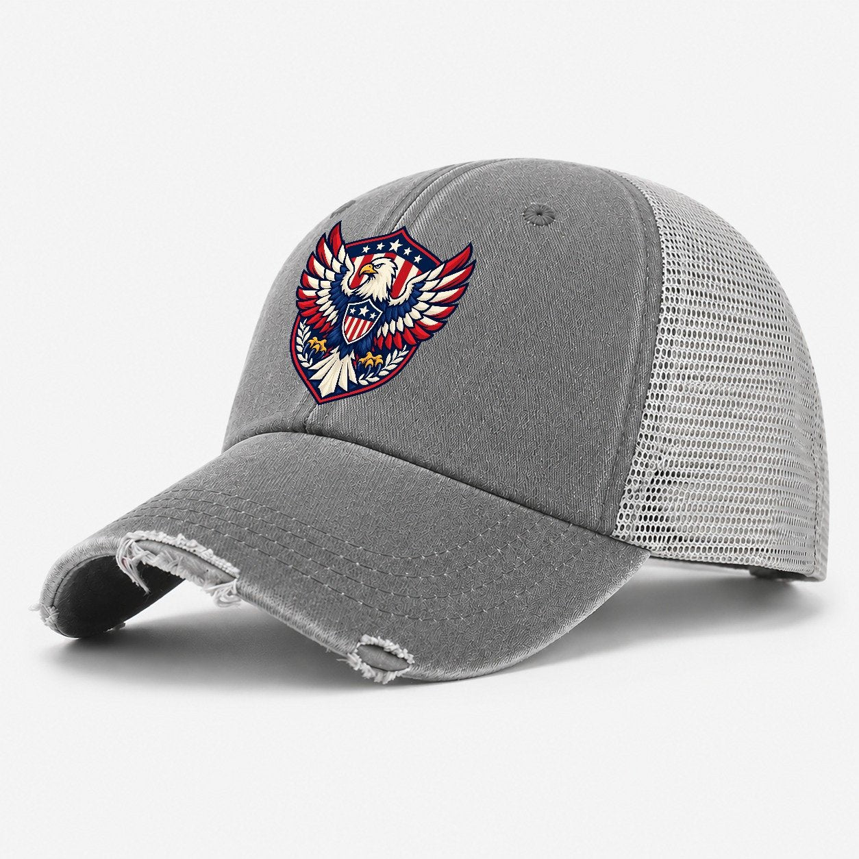 United States Minimal Emblem Country Logos Washed Trucker Hat – Grey
