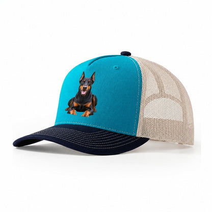 Doberman Pinscher Sitting Top Breeds Trucker Hat – Teal Navy