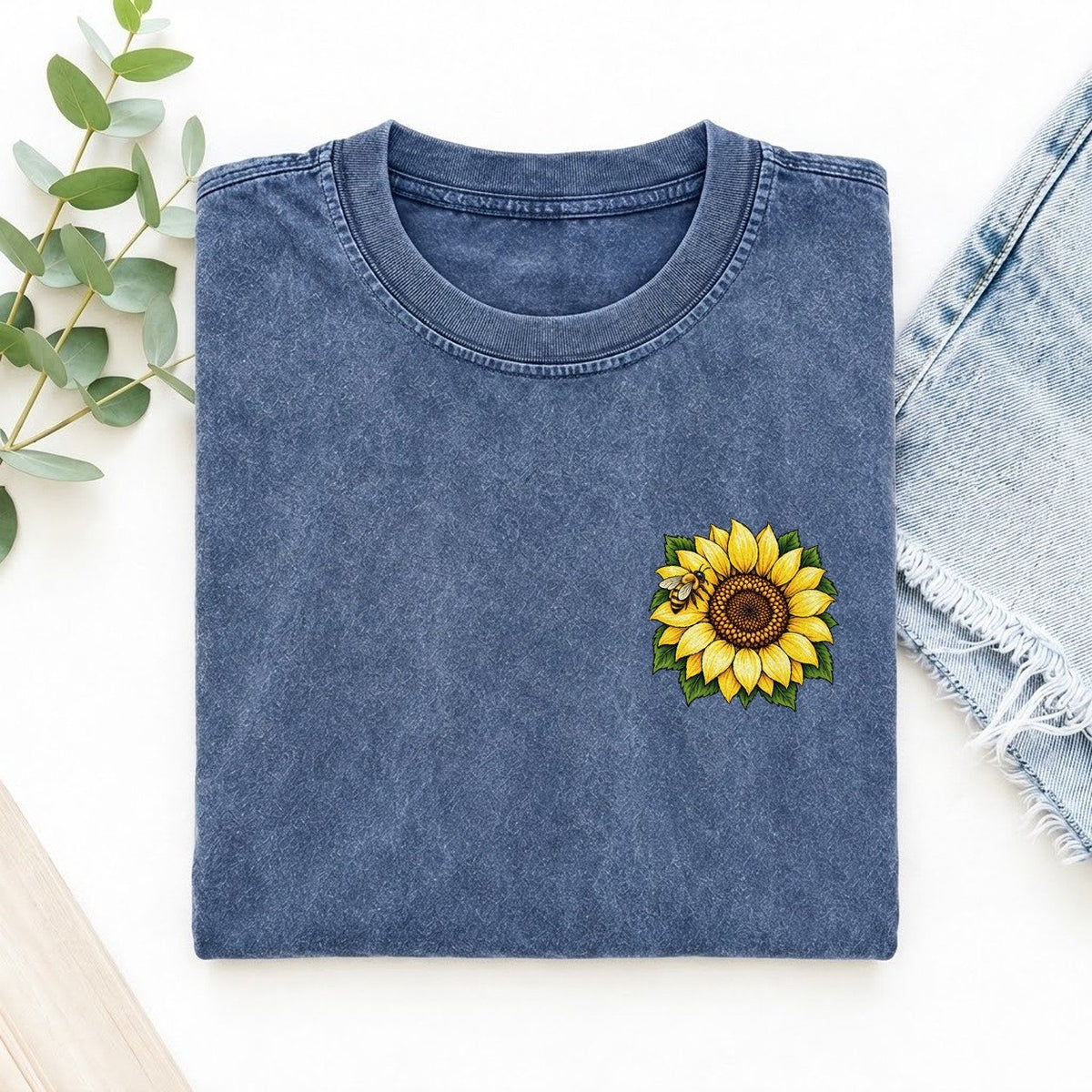 Vintage Sunflower Left Chest Vintage T-shirt – Washed Blue