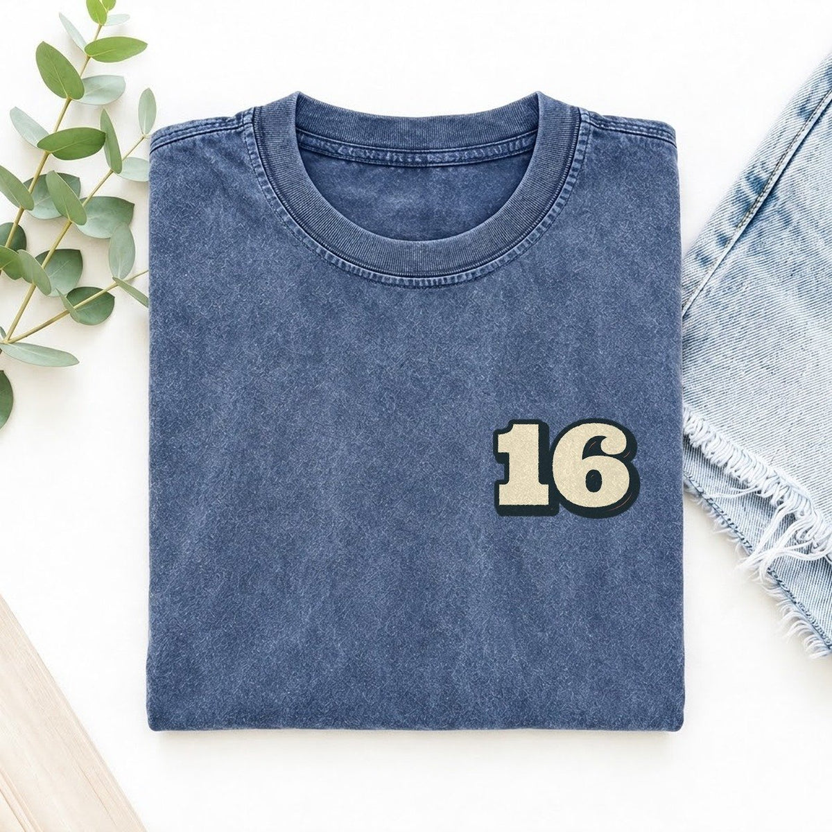 Number 16 Left Chest Vintage T-shirt – Washed Blue