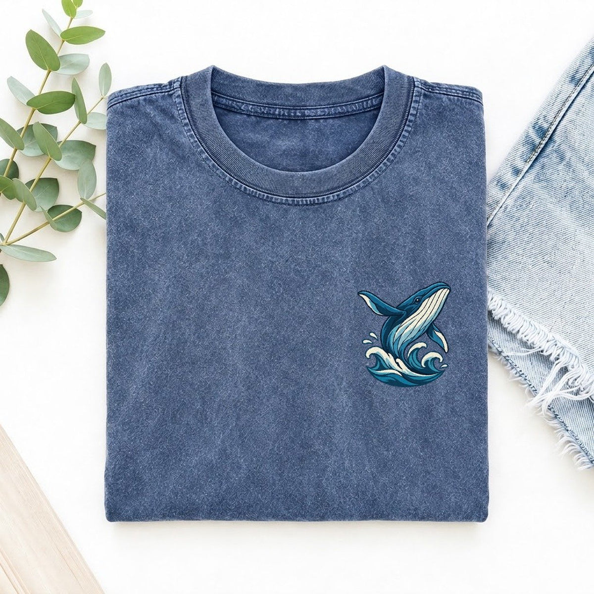 Whale And Waves Left Chest Vintage T-shirt – Washed Blue