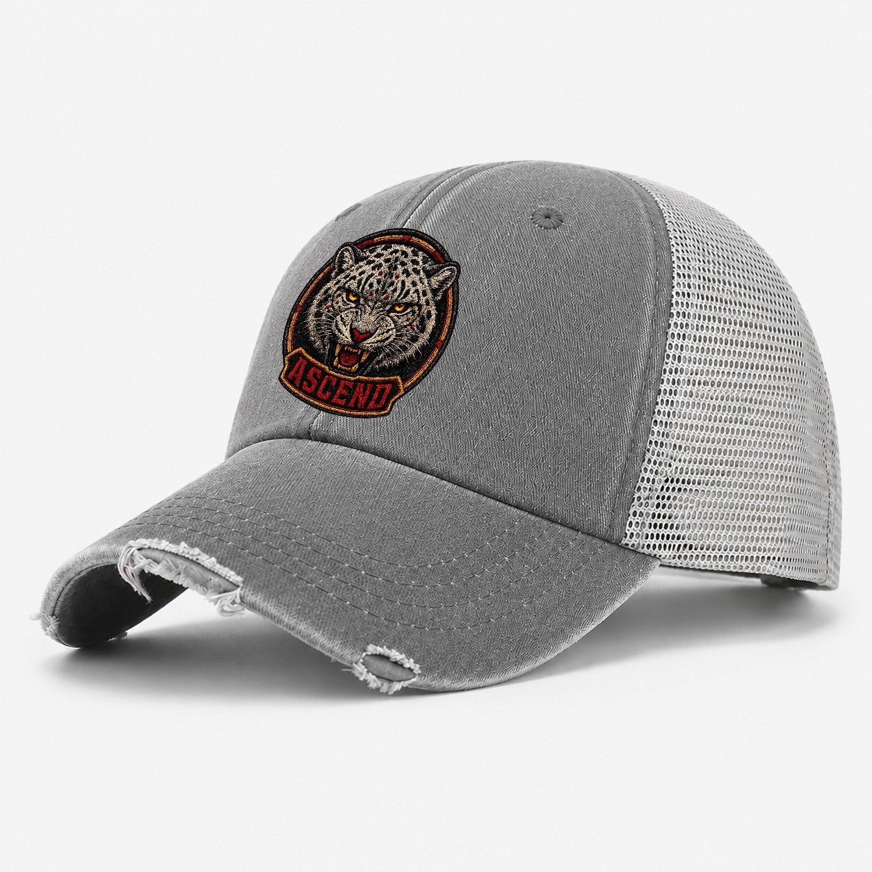 Snow Leopard Ascend Badge Washed Trucker Hat – Grey