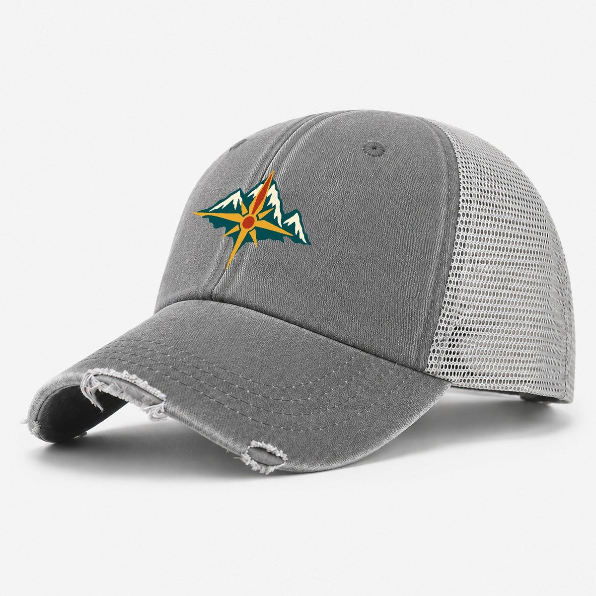 Mountain Compass Fold Keepsake Emblem Washed Trucker Hat – Grey