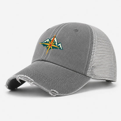 Mountain Compass Fold Keepsake Emblem Washed Trucker Hat – Grey