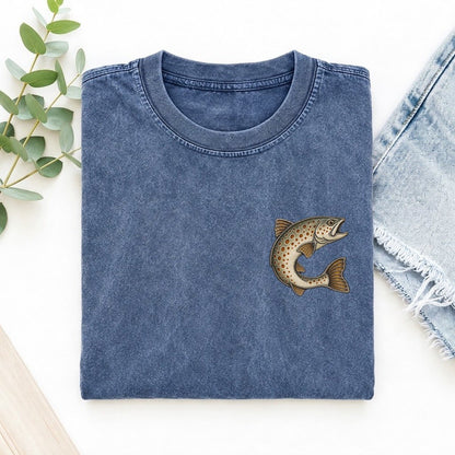 Brown Trout Upturn Keepsake Emblem Left Chest Vintage T-shirt – Washed Blue