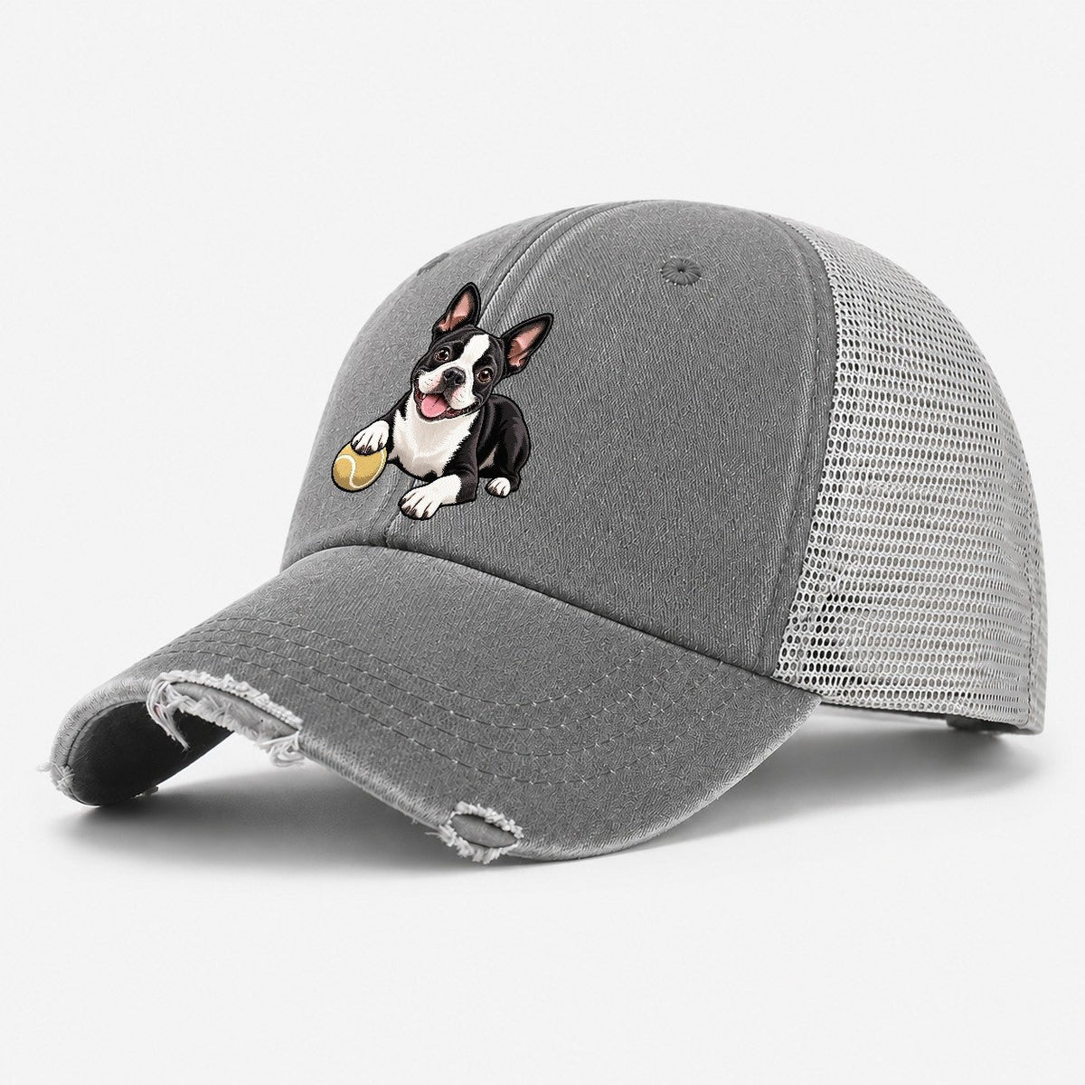 Kindred Boston Terrier Lying Down Top Breeds Washed Trucker Hat – Grey