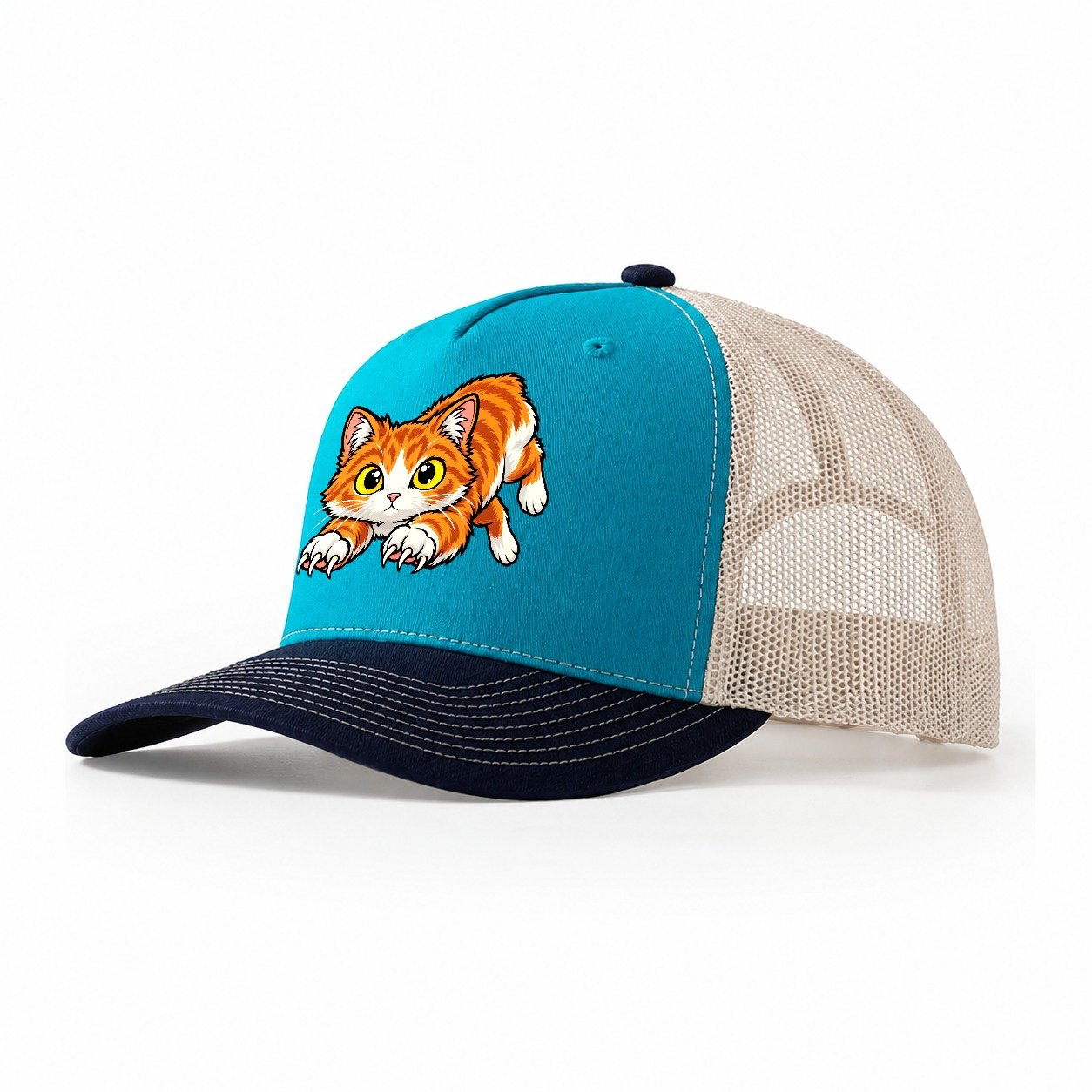 Manx Hopping Peeking Cats Trucker Hat – Teal Navy