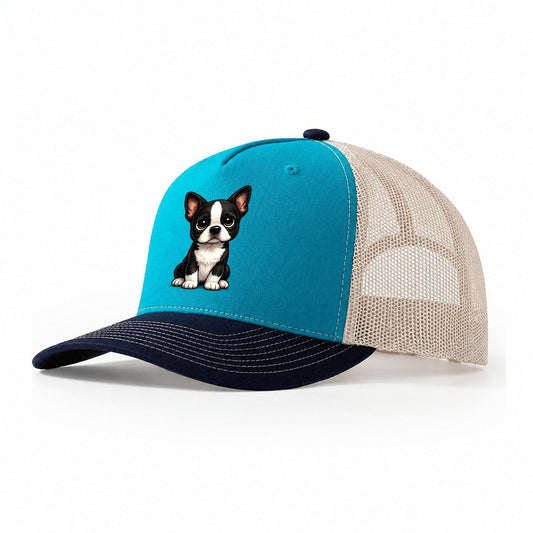 Boston Terrier Sitting Sweetheart Trucker Hat – Teal Navy