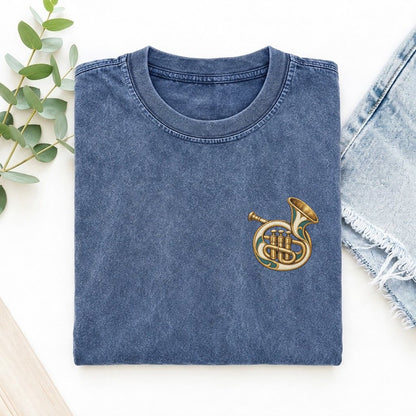 Trumpet Bell Tuck Keepsake Emblem Left Chest Vintage T-shirt – Washed Blue
