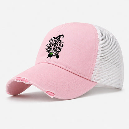 I Put A Spell On You Slogan Witch Magic Washed Trucker Hat – Light Pink