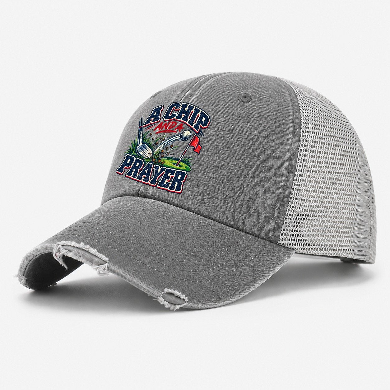 A Chip And A Prayer Golf Life Washed Trucker Hat – Grey