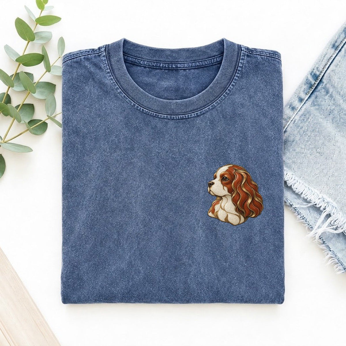 Cavalier Ribbon Ear Keepsake Emblem Left Chest Vintage T-shirt – Washed Blue