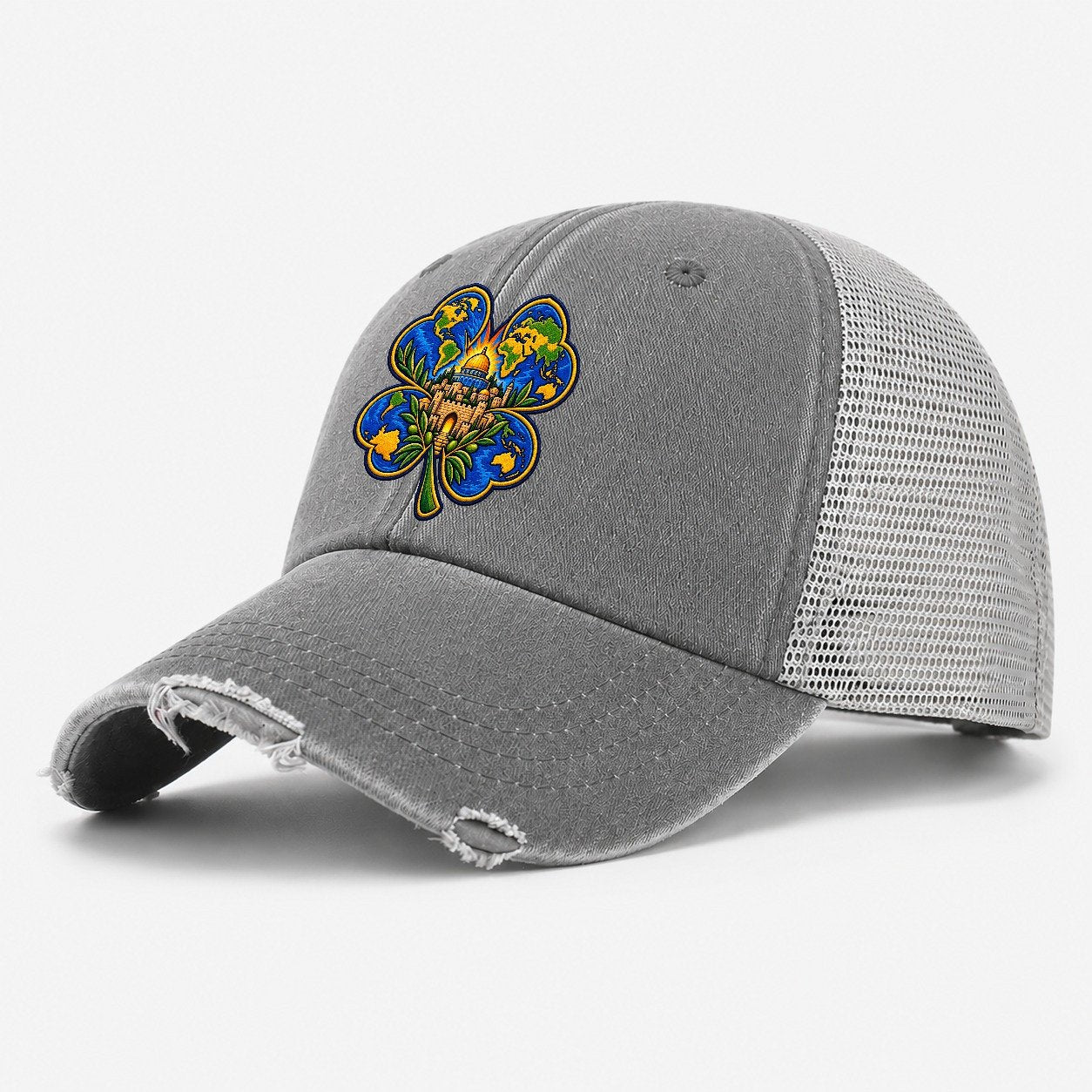 Clover Leaf World Map Jerusalem Washed Trucker Hat – Grey