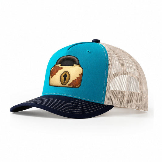 The Old Padlock Treasure Hunting Trucker Hat – Teal Navy