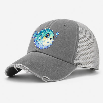 Pufferfish Side Puff Sea Sprite Washed Trucker Hat – Grey