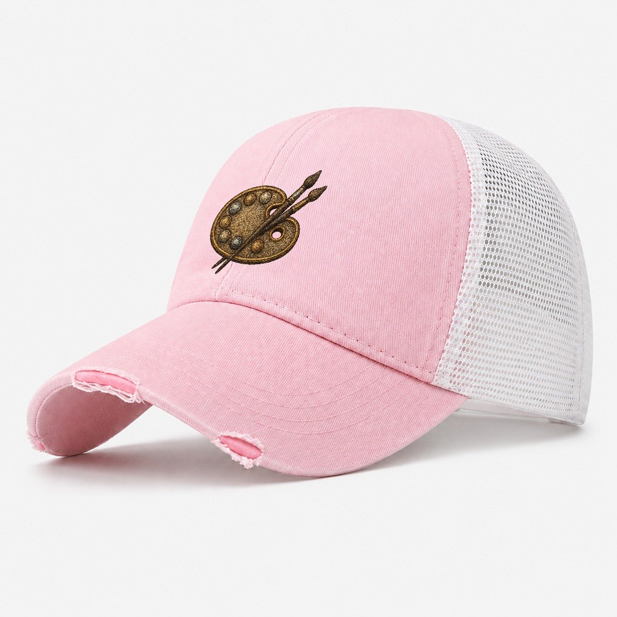 Artist Palette With Brushes Washed Trucker Hat – Light Pink