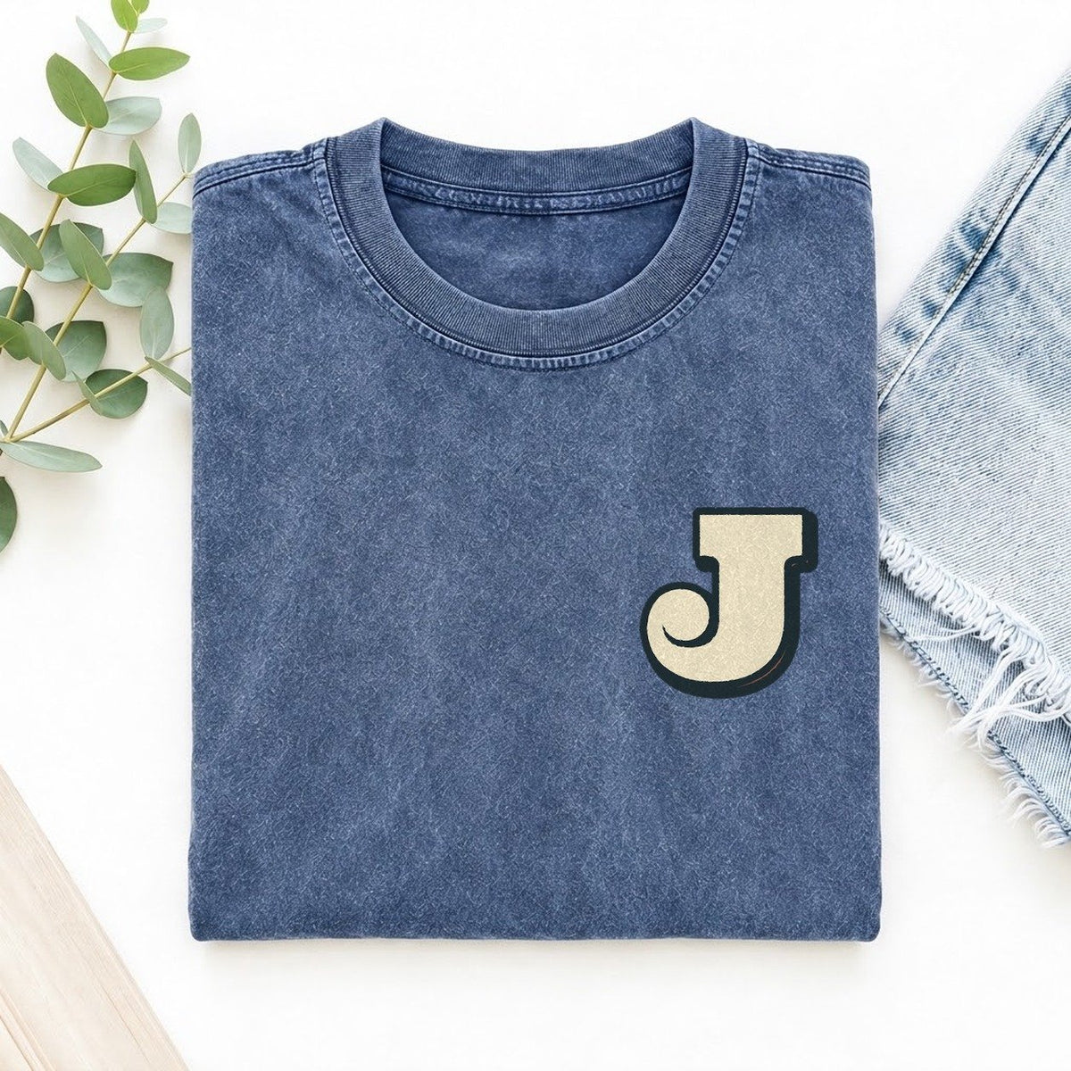Initial J Left Chest Vintage T-shirt – Washed Blue