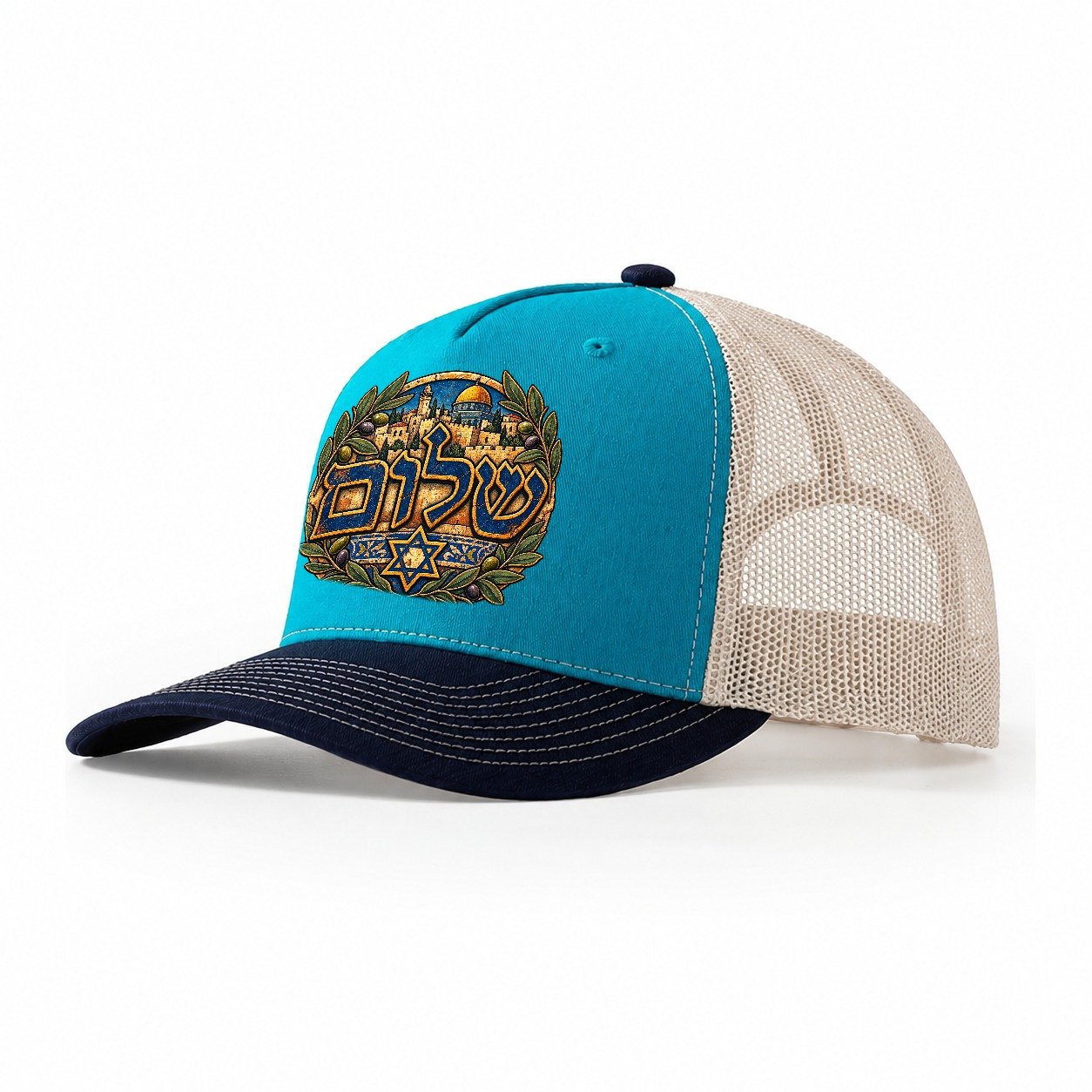 Shalom Hebrew Lettering Jerusalem Trucker Hat – Teal Navy