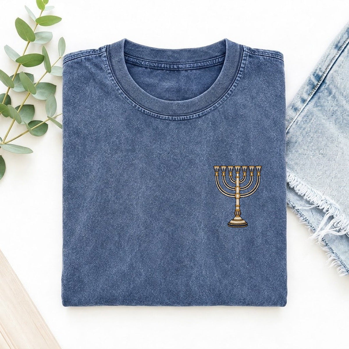 Seven Branch Menorah Symbol Emblems Left Chest Vintage T-shirt – Washed Blue