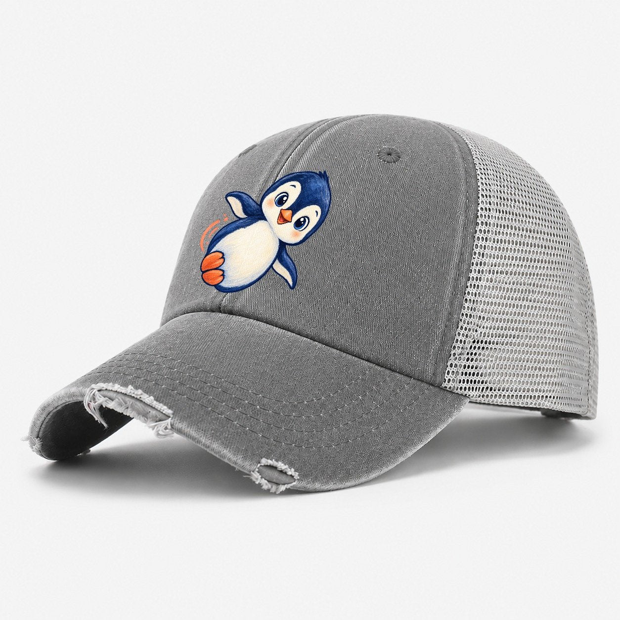Penguin Side Slide Sea Sprite Washed Trucker Hat – Grey