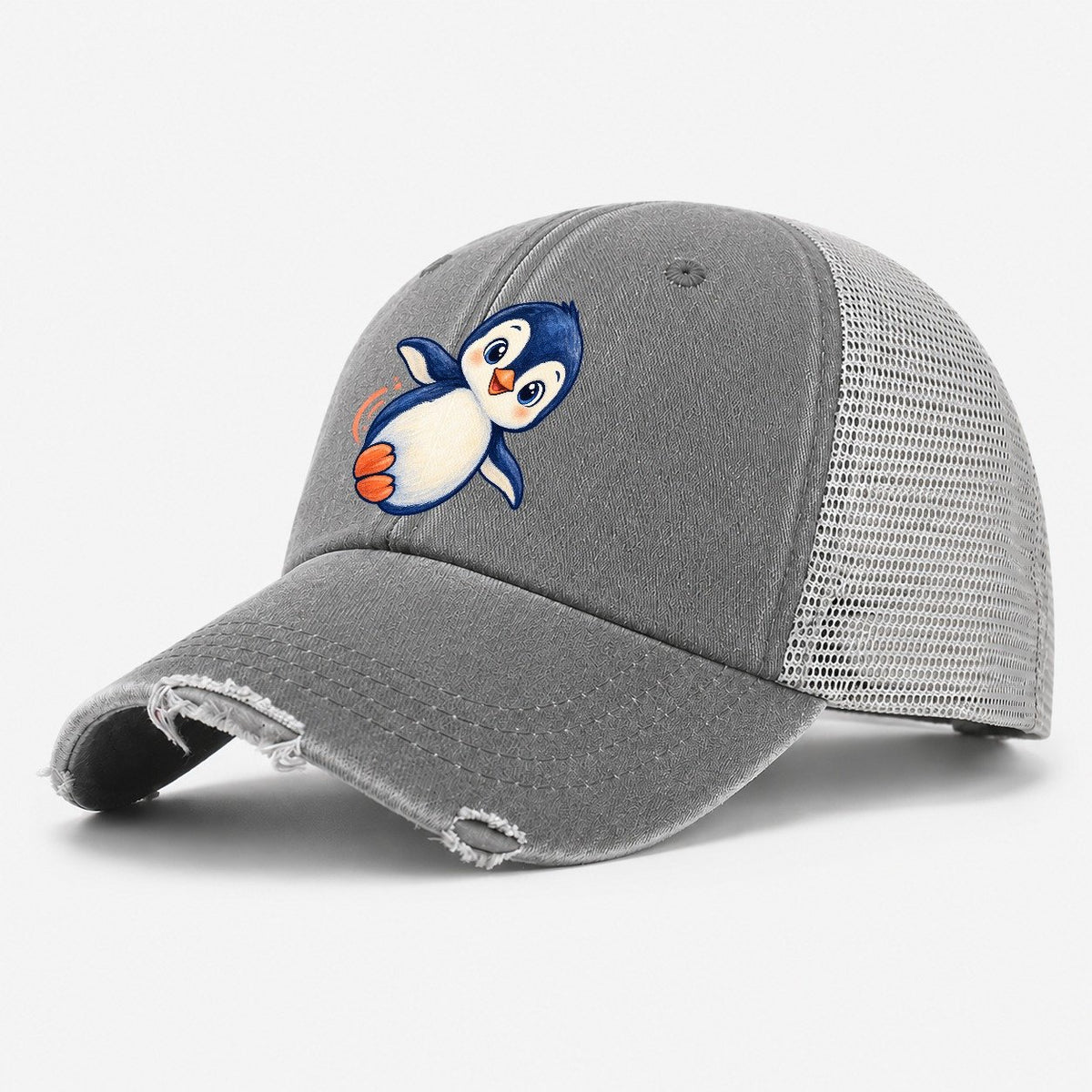 Penguin Side Slide Sea Sprite Washed Trucker Hat – Grey