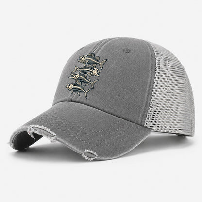 Fish Skeleton Minimal Fishing Elegant Washed Trucker Hat – Grey