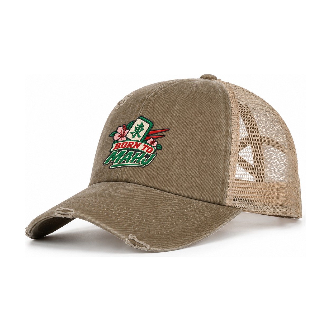 Born To Mahj Mahjong Game Night Women's Ponytail Trucker Hat – Taupe Khaki