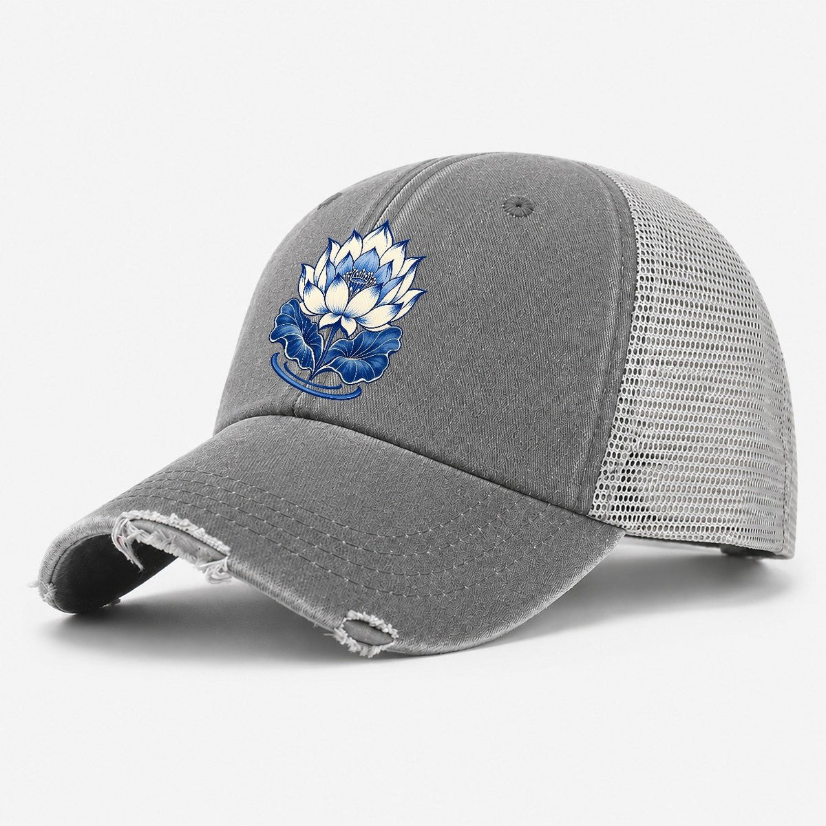 Lotus In Blue Quiet Wards Heritage Washed Trucker Hat – Grey