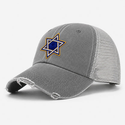 Star Of David Embroidered Patch Judaism Heritage Washed Trucker Hat – Grey