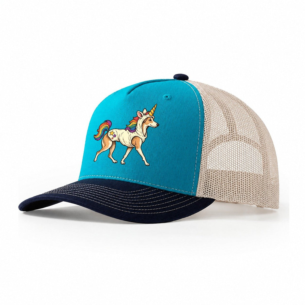 One Whippet In Halloween Costume Unicorn Costume With A Soft Horn And Rainbow Mane Halloween Dog Parade Trucker Hat – Teal Navy
