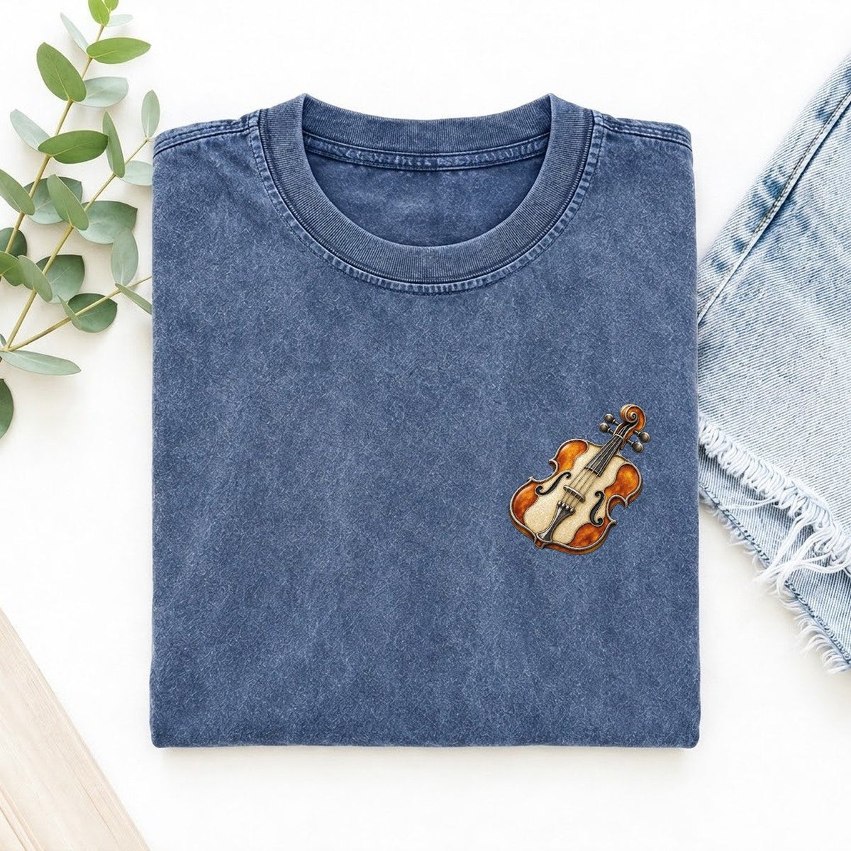 Violin Scroll Curl Keepsake Emblem Left Chest Vintage T-shirt – Washed Blue