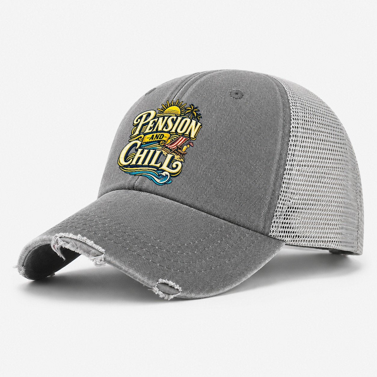 Pension And Chill Retired Living Washed Trucker Hat – Grey