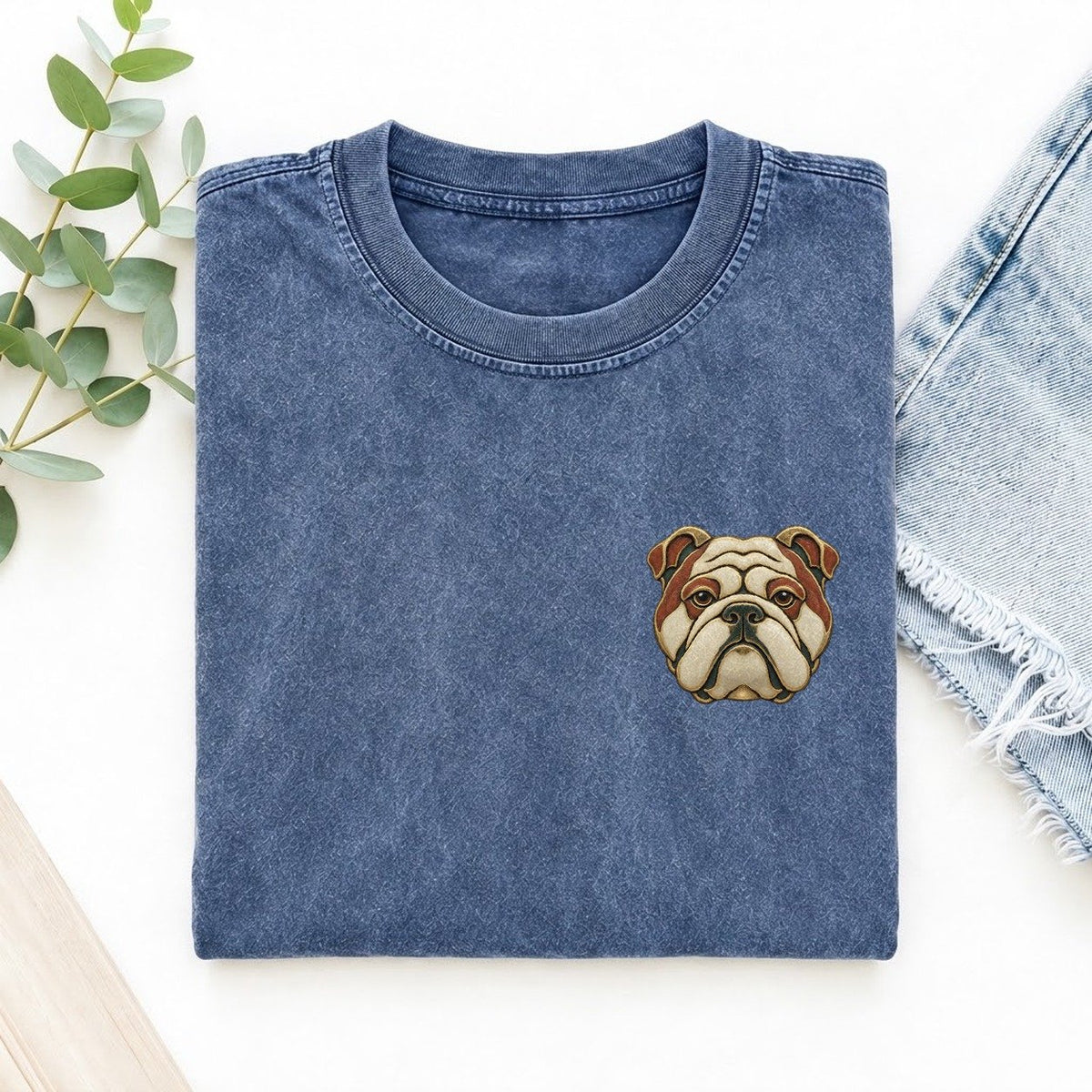 Bulldog Brow Fold Keepsake Emblem Left Chest Vintage T-shirt – Washed Blue