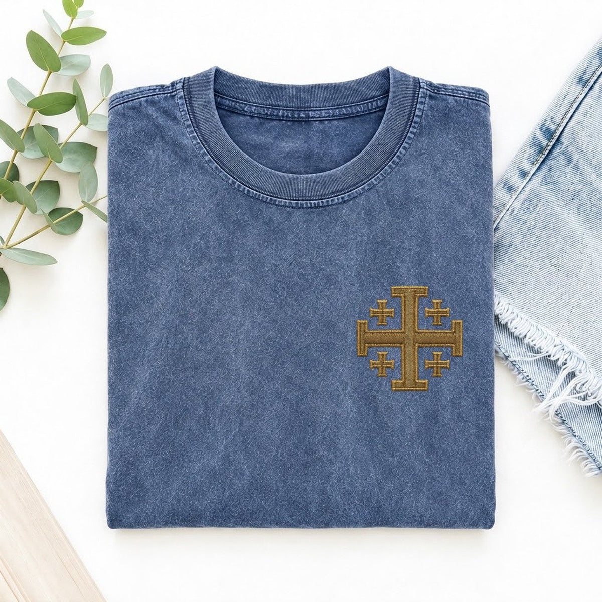 Jerusalem Cross Left Chest Vintage T-shirt – Washed Blue