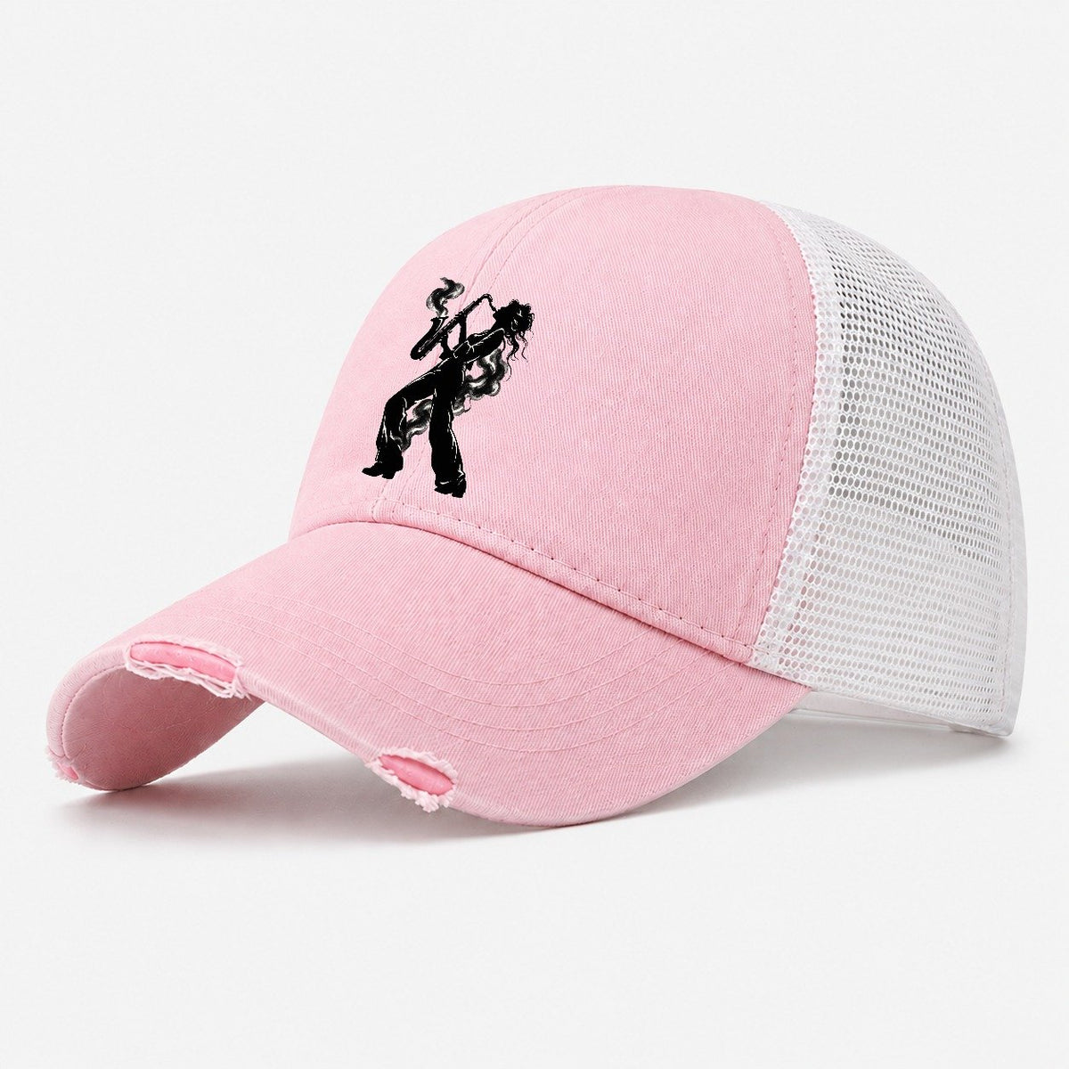 Woman Saxophone Player Washed Trucker Hat – Light Pink