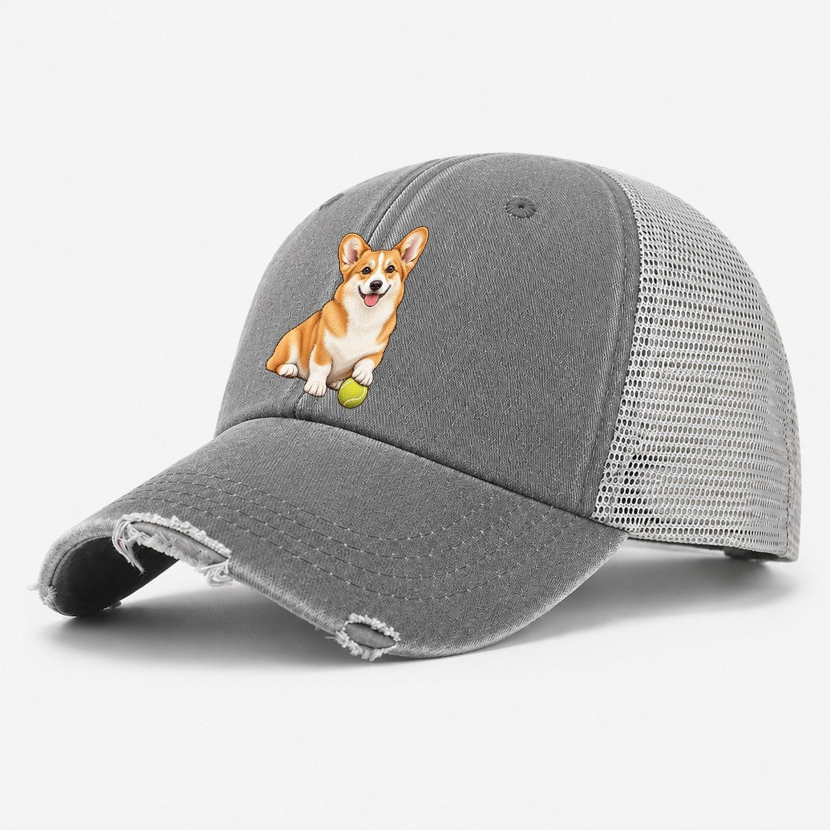 Happy Corgi with Tennis Ball Washed Trucker Hat – Grey